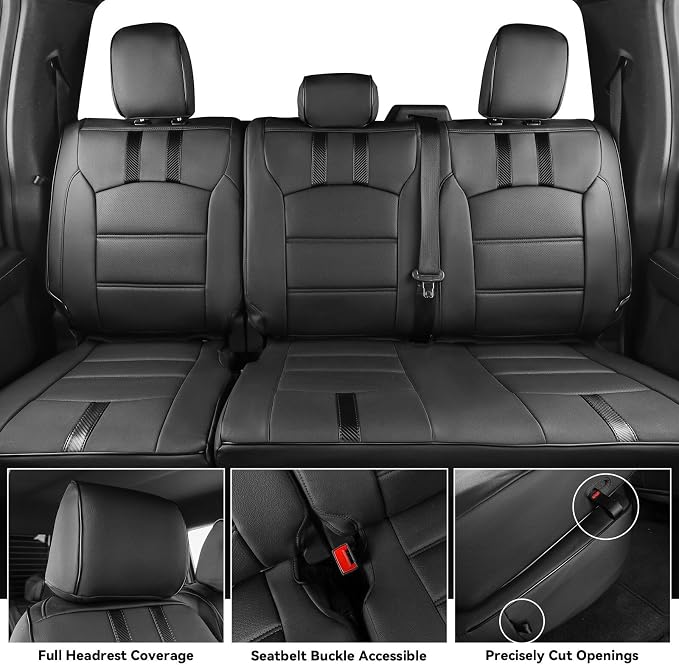 coverdream F150 Rear Seat Covers for 2021-2026 Ford F150 SuperCrew XL,XLT,STX/F150 Lightning(2022-24)/Super Duty(2023-26) XL,XLT,w/No Rear Armrest,Waterproof Leather Seat Protector(Rear Set,Black)