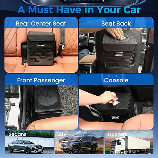 Beicarin Car Trash Can with Lid - Trash Bag Hanging with Storage Pockets Leak-Proof Collapsible and Portable Waterproof Garbage Bin, 2.05 Gallons Multipurpose Trash Bin for Car