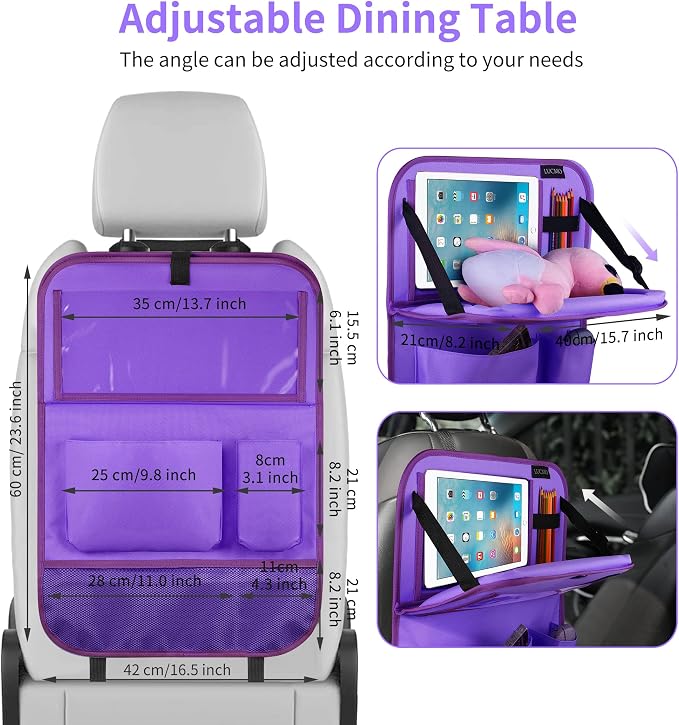 LUCMO Car Backseat Organizer with Foldable Tablet Holder, Dark Purple | 2 Pcs,6 Storage Pockets,Foldable Food Tray,Protectors Kick Mats,Travel Accessories,Seat Cover,Road Trip Essentials