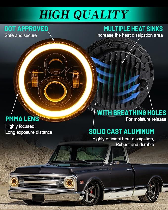 ZIMABLUE 7 inch led Headlight Round 2pc Projector 7 inch Halo led Headlight H6024 DOT Approved Hi/Lo Beam DRL Amber Turn Signal Compatible with Jeep Wrangler JK TJ CJ Compatible with Chevy and miata