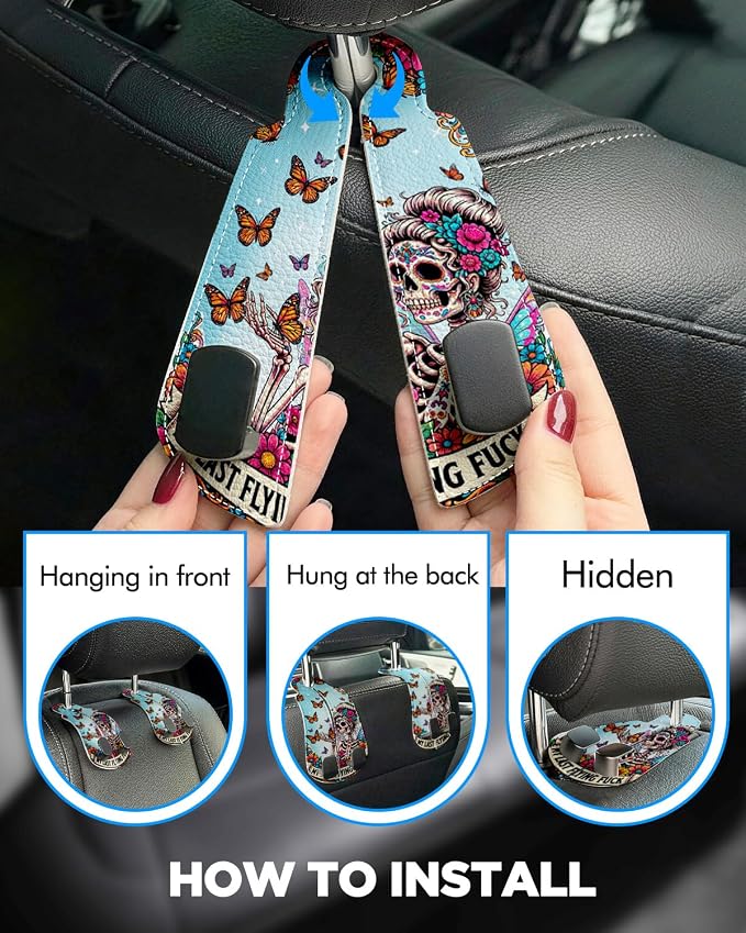 WOCOCN Purse Holder for Car, 2 Pack Heavy Duty Purse Hanger for Car, PU Leather Car Seat Hooks for Purses and Bags, Cute Skeleton Headrest Organizer for Handbags & Backpacks