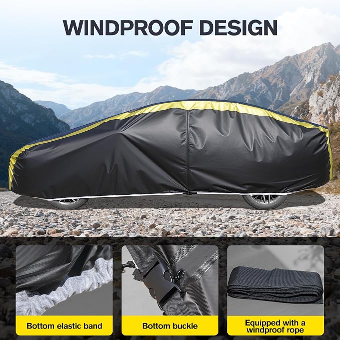 DINGHAO Car Cover Waterproof All Weather with Hot Stitching for Automobiles,6 Layers Outdoor Full Exterior Cover Sun UV Rain Snow Wind Protection Fit for 209"(209 * 75 * 59 inch) Sedan