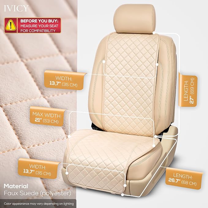 IVICY Faux Suede Front Car Seat Cover – Non-Slip Bucket Seat Protector for Most Cars, SUVs, Vans & Trucks – 1 Seat Cover, Machine Washable, Side-Airbag Friendly, Light Beige