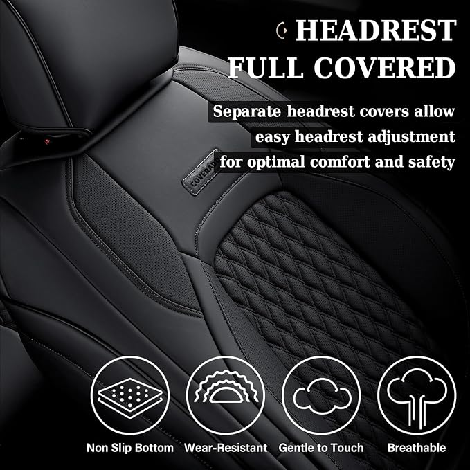 Coverado Custom Fit Front Seat Covers for Chevy Silverado/GMC Sierra 2007-2025 1500, 2015-2025 2500HD 3500HD Crew/Double/Extended Cab – Faux Waterproof Leather (Black)