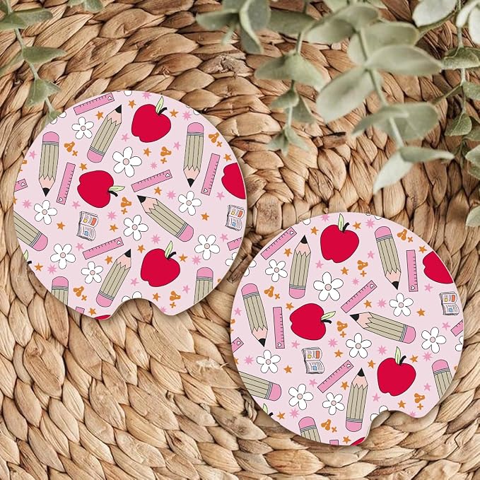 Ceramic Car Coasters – Absorbent Car Cup Holder Coaster Set for Women, Cute Aesthetic Car Accessories for Girls, 2 Pack (red)