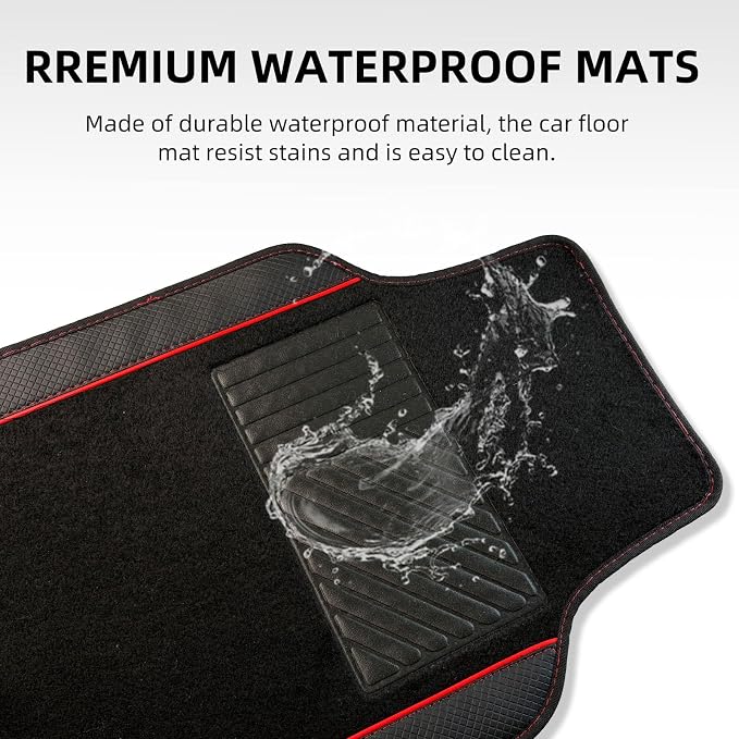 NBTEPEM Waterproof Universal Fit Car Floor Mats, Faux Leather Sporty Car Carpet Mats with Anti-Slip Nibbs Backing & Driver Heel Pad Fit for SUV, Vans, Sedans, Trucks, Set of 4 (Black with Red line)