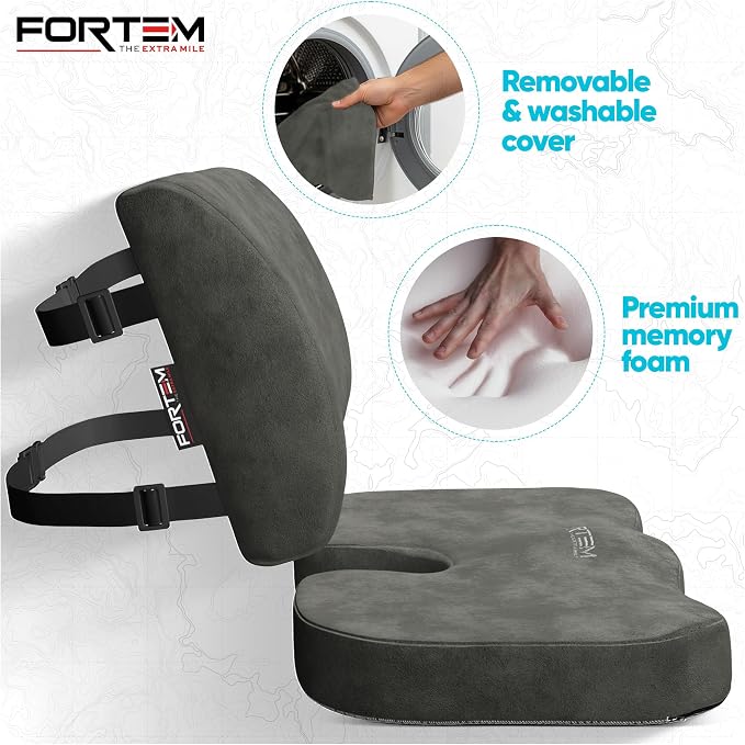 FORTEM Seat Cushion, Office Chair Cushion, Lumbar Support Pillow for Office Chair, Memory Foam Car Seat Cushions, Sciatica Coccyx Tailbone Pain Relief, Cushions for Back Support, Washable, Non Slip
