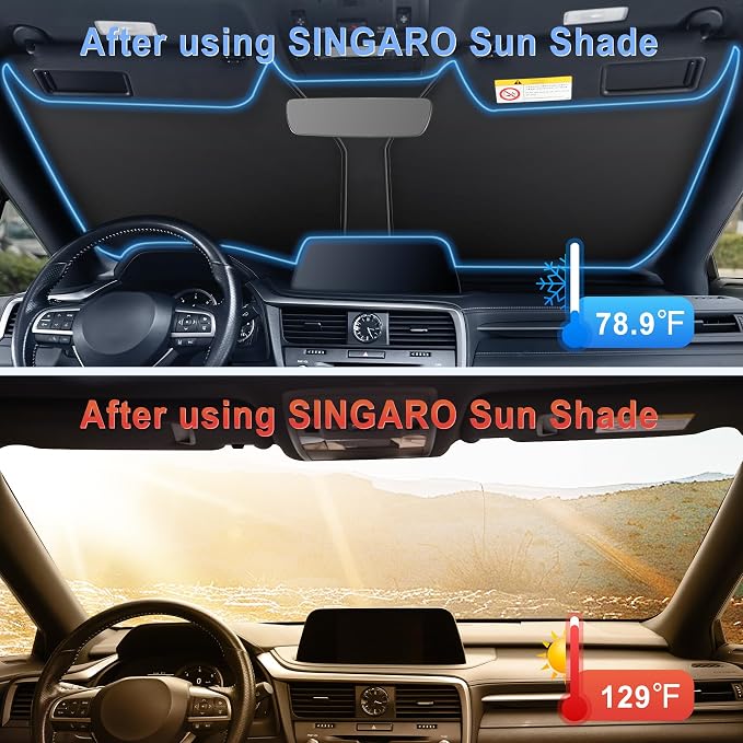 SINGARO 300T Universal Car Windshield Sun Shade, Foldable Reflective for Windshield & Window Shades with Overlapping Design, Car Interior Accessories (68.8" L x 35" W)