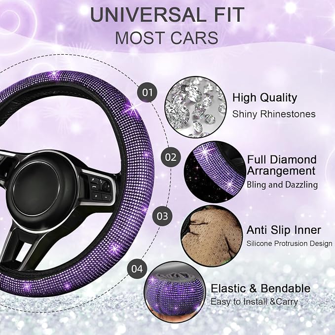 NBTEPEM 12 Pcs Bling Car Accessories Set for Women Car Floor Mats Full Set Steering Wheel Cover Seat Belt Covers Coasters Universal Fit Car SUV Truck Van Purple