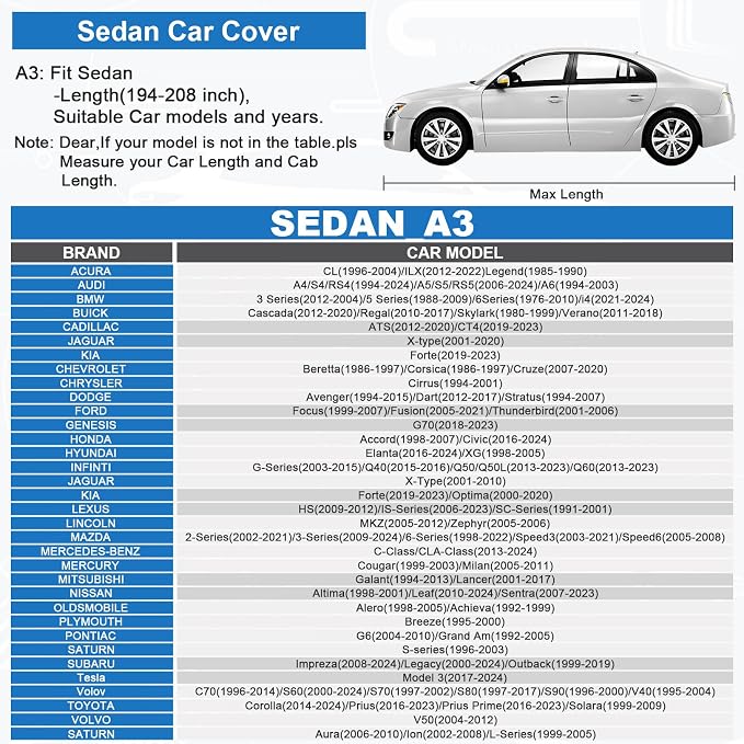 Sailnovo Car Cover Waterproof All Weather, 7 Layers Heavy Duty Full Exterior Cover for Car Outdoor Snow Sun UV Protection with Zipper for Automobiles (194" To 208")