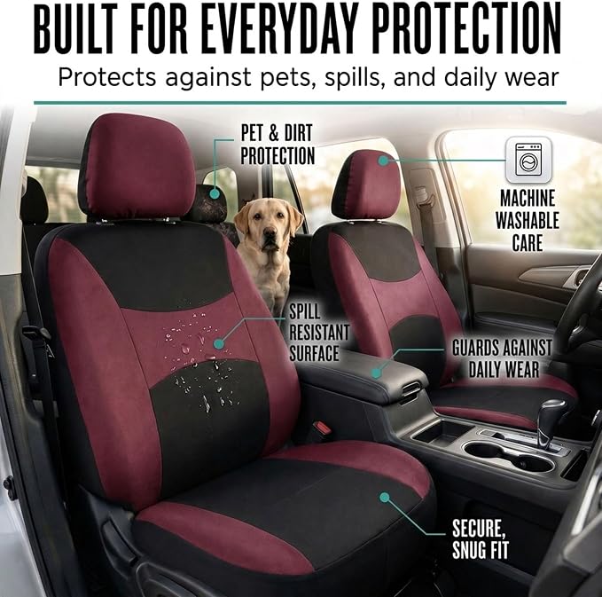 FH Group Car Seat Covers Full Set Cloth,Universal Fit combo,Washable Automotive Seat Covers,Low Back Front Seat Covers,Airbag Compatible,Split Bench Rear Seat for SUV,Sedan,Van Burgundy