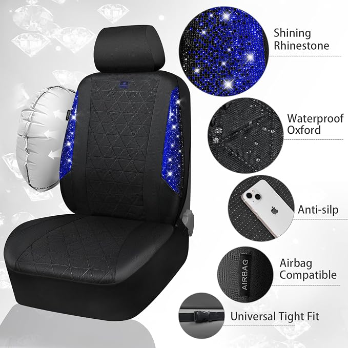 CAR PASS Oxford Bling Diamond Car Seat Covers 2 Front Interior Sets, Waterproof Shining Glitter Sparkly Crystal Universal Armrest Fit 95% Automotive Truck SUV Cute Women Girl, Black Blue Rhinestone