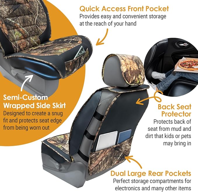 Mossy Oak Heavy Duty Premium Truck Seat Covers for Front Seats, Fits Full-Size Truck SUV, Padded Seat Cover with Bottom Wrap-around, Front & Rear Storage Pockets,Front Seat Protector, Waterproof, 2 pc