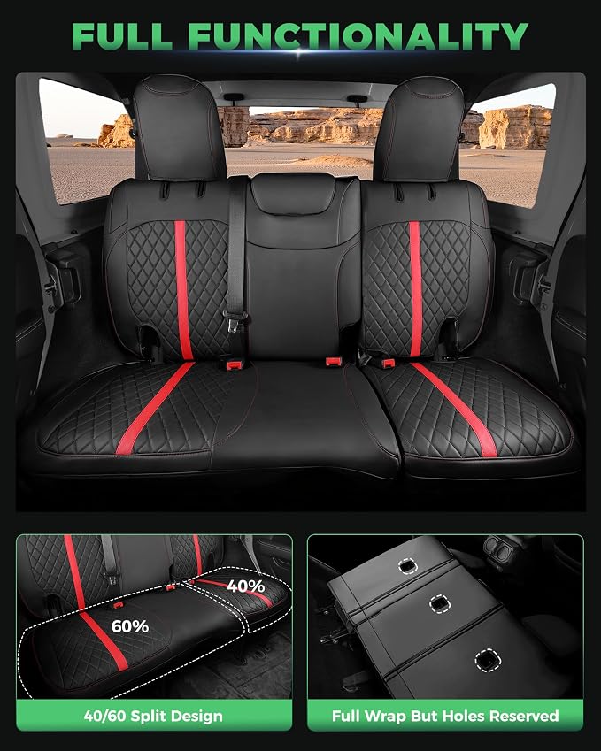 for Jeep Wrangler Seat Covers 4Door JL 2018 2019 2020 2021 2022 2023 2024 2025 2026, Custom Car Seat Cover Full Set, Luxury Waterproof Leather Protectors, Black Red Trim, W/O Rear Cup Holder