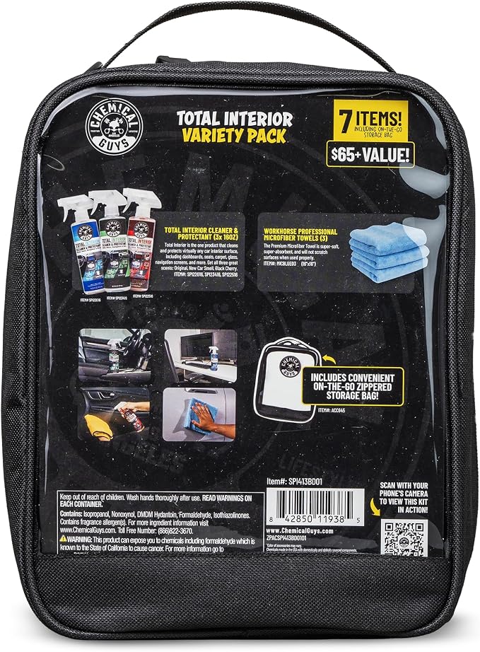 Chemical Guys Total Interior Cleaner Variety Kit With Storage Bag | 3 Scents, Fresh, New Car, & Black Cherry Scents, 3 Microfiber Towels, & Giftable Car Care Bag