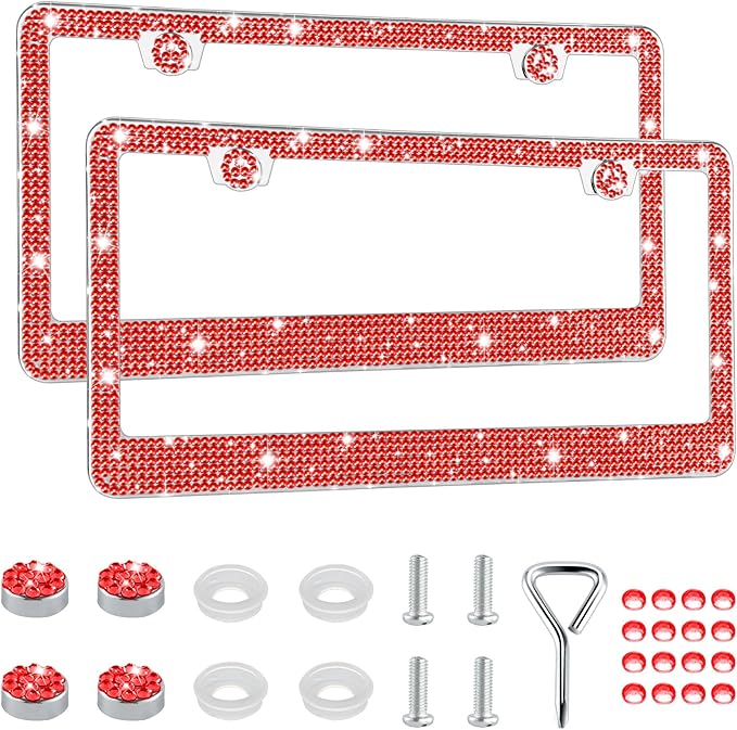 GaRhomxy Bling License Plate Frames for Women, 2 Pack Handcrafted Sparkly Rhinestone Car Accessories, Premium Stainless Steel Frame with 1000+ Faceted Glass Crystals & Free Glitter Caps (Red)