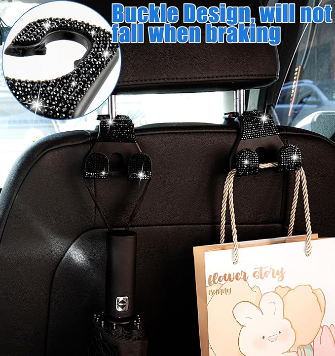 Bling Car Purse Hooks 2Pcs, Rhinestones Car Headrest Hook Backseat | Double Hooks,Holds 44Lbs,Wide Opening,Durable Nylon,Car Seat Hook,Purse Holder,Bling Car Accessories for Women,Black