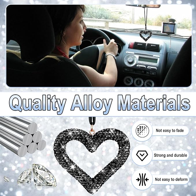 Bling Heart Car Hanging Accessories, Car Accessories for Women, Bling Rear View Mirror, Universal Bling Heart Diamond Car Accessories for Cars, Trucks, SUVs (Black)