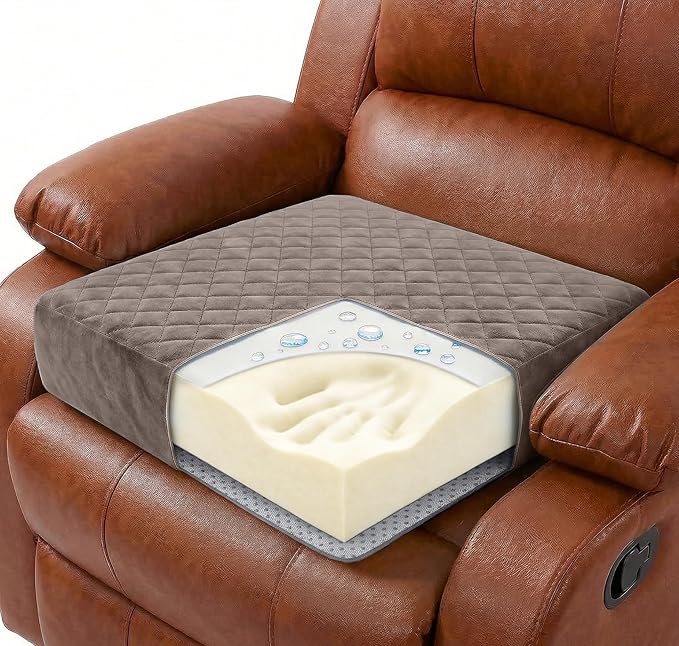 Large Soft 20x20x5 Polyurethane Foam Recliner Chair Seat Cushion for Long Sitting - Washable Velvety Cover with Waterproof Layer, Non-Slip Base - Tailbone Pain & Pressure Relief - Brown