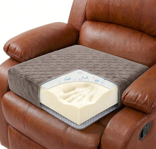 Large Soft 20x20x5 Polyurethane Foam Recliner Chair Seat Cushion for Long Sitting - Washable Velvety Cover with Waterproof Layer, Non-Slip Base - Tailbone Pain & Pressure Relief - Brown