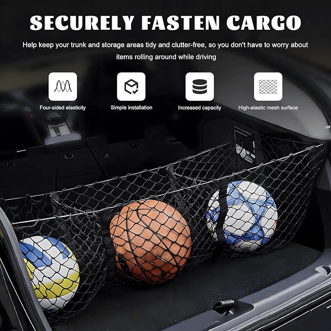 Trunk Cargo Net, Stretchable 3 Pockets Mesh Storage Organizer with Metal Hooks, Heavy Duty Netting Cargo Organizer Holder for Sedan SUV Pickup Truck, Car Accessories (11.8×35.4 inches)