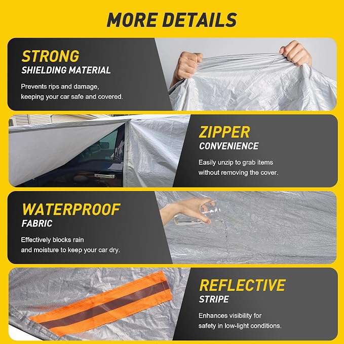 Caromop 10-Layer Waterproof Car Cover All Weather Protection (Snow, Rain, Sun) with Secure Fit Straps and Easy On/Off Zipper-Size T3 (See Size-Chart)