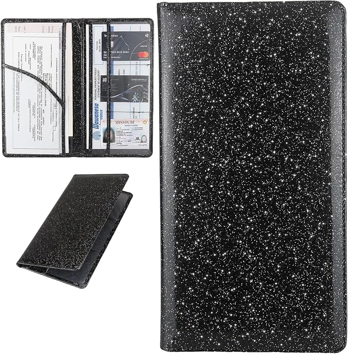 Car Registration and Insurance Holder, Bling Premium Pu Leather Vehicle Glove Box Organizer, Prefect Leather License Registration Holder for Driver License, Cards & Essential Documents (Black)