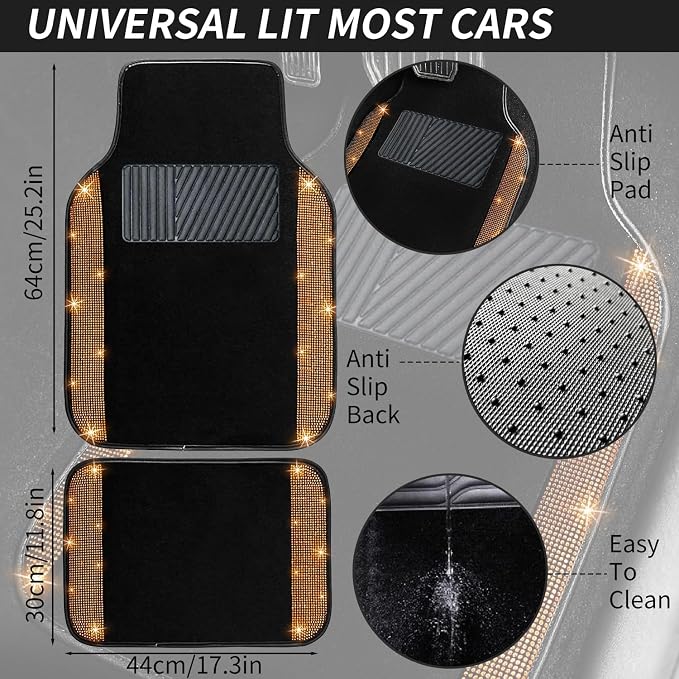 NBTEPEM Bling Car Floor Mats Full Set, Universal Fit Most Cars,SUV, Trucks, 4 pcs Sparkle Glitter Diamond Carpet for Women Girls with Anti-Slip Pad (Orange Diamond)
