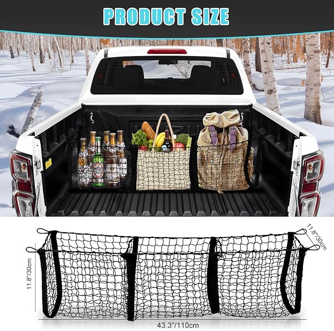 3 Pocket Cargo Net Trunk Bed Extender, 43.3” x 11.8” Mesh Truck Bed Organizer with Metal Hook, Heavy Duty Cargo Net for Cars, SUV