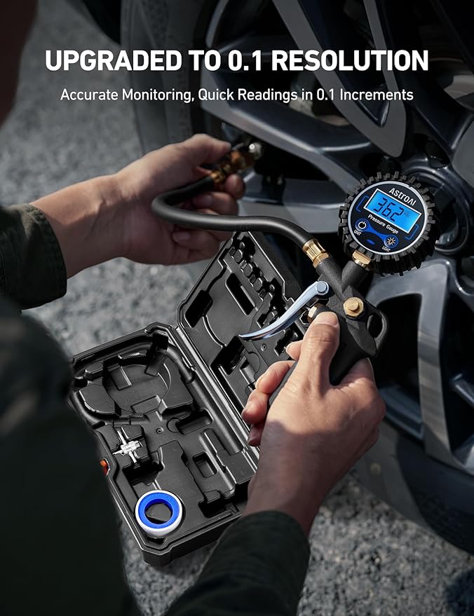 AstroAI Digital Tire Pressure Gauge with Inflator, 3-250 PSI Air Chuck & Compressor Accessories Heavy Duty with Quick Connect Coupler, 0.1 Display Resolution, 1Pack Standard, with case