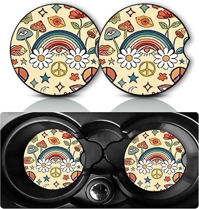 2PCS Bohemian Car Cup Holder Coasters Universal Anti-Slip Rubber Mat | Rainbow Star Auto Accessories Interior Decor, 2.75" Car Coasters for Cup Holders with Finger Slot, Gifts for Women Men