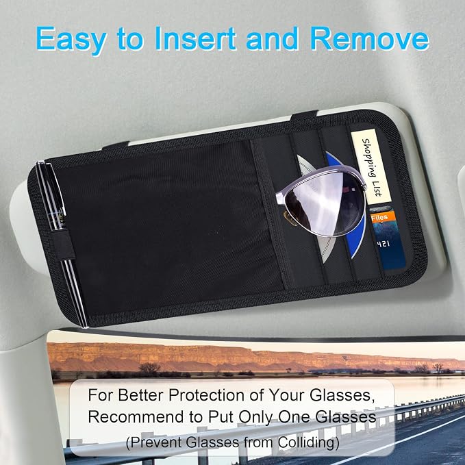 Wisdompro Car Sun Visor Storage Pouch, Sunglasses Bag & 3 CD Sleeves, Black | with Pen Holder and Elastic Strap, Auto Sunvisor Organizer Pocket for Glasses, Document, Card, DVD, Papers, Receipts