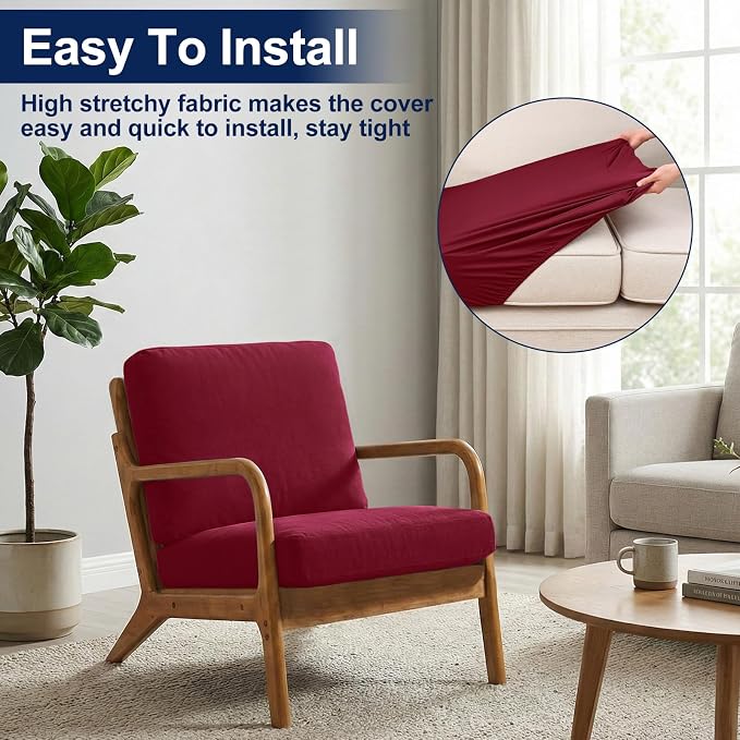 Smiry Waterproof Patio Cushion Covers, Stretch Outdoor Couch Slipcovers Replacement Washable Furniture Protector Sofa Chair Seat Cover for Dogs and Pets (4 Pcs, Wine Red)