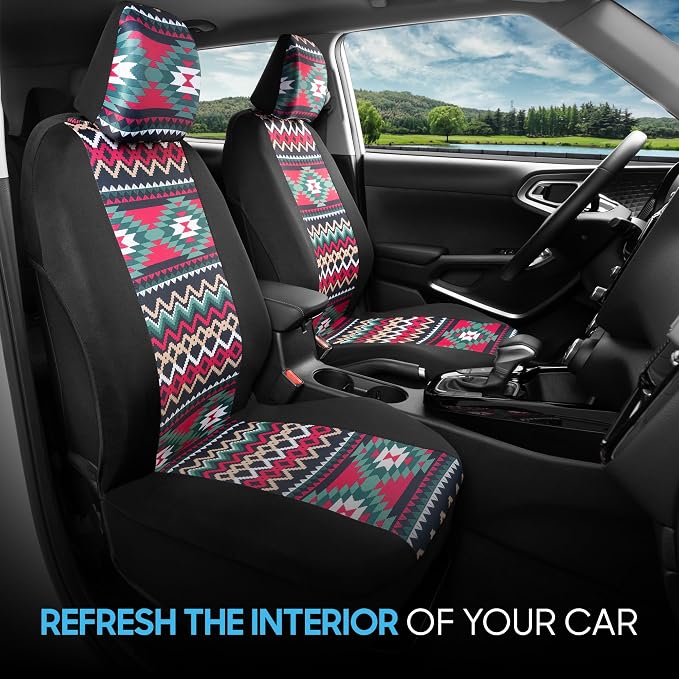 BDK Pink Inca Car Seat Covers for Front Seats, 2 Pack– Geometric Print Front Seat Cover Set with Matching Headrest, Sideless Design for Easy Installation, Universal Fit for Car Truck Van and SUV
