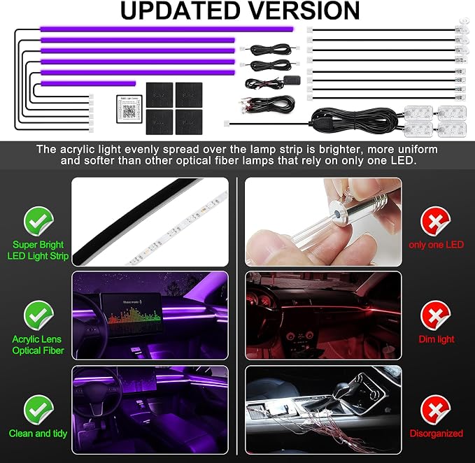 Acrylic Interior Car LED Strip Light with Wireless APP, RGB 18 in 1 with 175 inches 612 LEDs Fiber Optic Strip Lights for Car, Dual Zone Music Sync Neon Car Ambient Lighting Kits