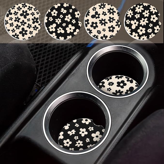 Boao 4 Pcs White Flower Car Cupholder Coasters for Valentine's Day, Ceramic Coasters 2.56'' Anti Slip Base with Finger Notch for Dry Clean, Car Interior Accessories, Birthday Gifts