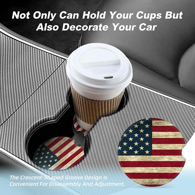 American Flag Car Coasters for Cup Holders,2 Pack Car Cup Holder Coasters for Car,Ceramic Absorbent Car Coaster with A Finger Notch and Cork Base,Car Interior Accessories for Women Men