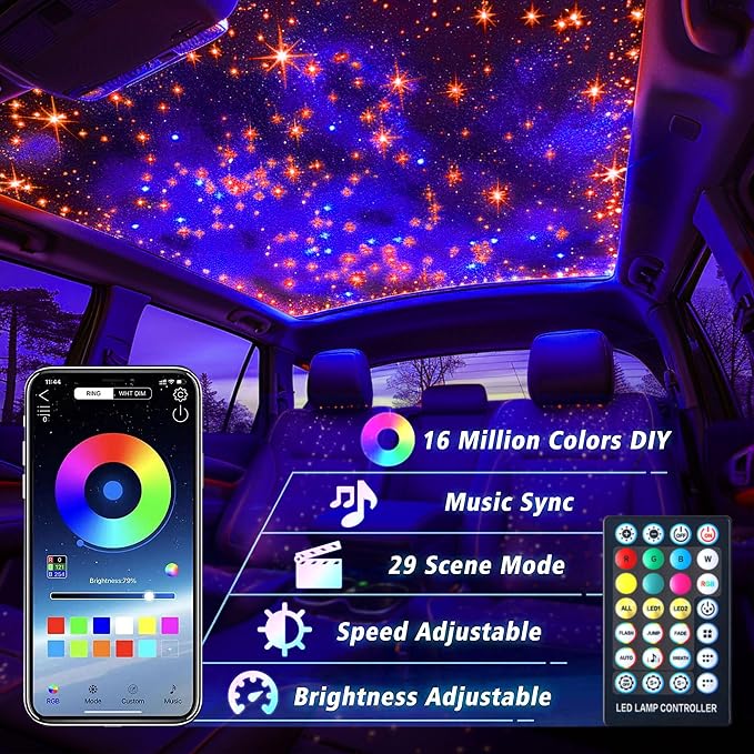 Starlight Headliner Kit 1100 Piece Twinkle 0.03in*13.1ft/0.75mm*4m, 32W Dual Color RGBW Changing Color,APP/Remote Control,Voice/Sound Activated for Home Theater SUVs Truck
