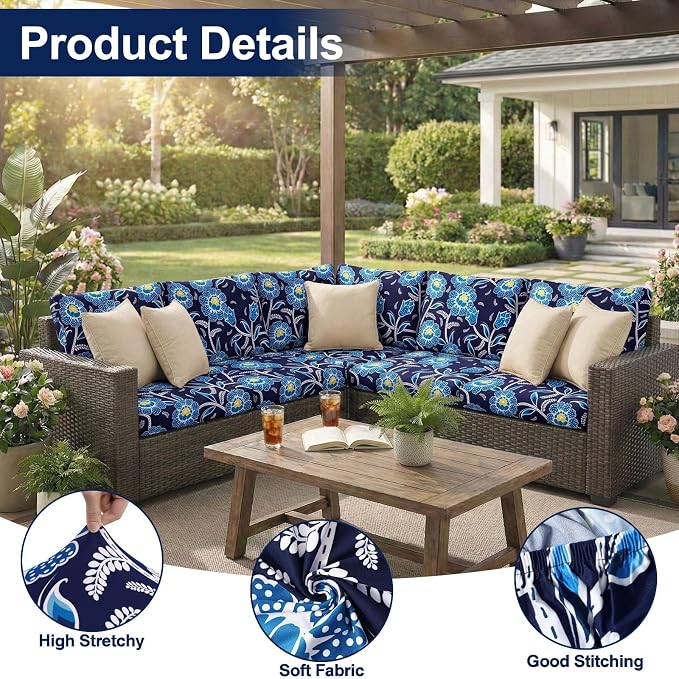 Smiry Waterproof Patio Cushion Covers, Stretch Outdoor Furniture Covers | Couch Slipcovers Replacement, Washable Furniture Protector, UV-resistant Sofa Chair Seat Cover for Outdoor and Indoor, 4 Pcs