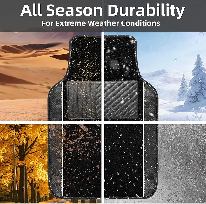 NBTEPEM Microfiber Steering Wheel Cover and Waterproof Car Floor Mats, Universal Fit Most Truck, SUV, Cars, 14.5-15inch Sporty Steering Wheel Covers with Anti-Slip Lining (Black with White line)