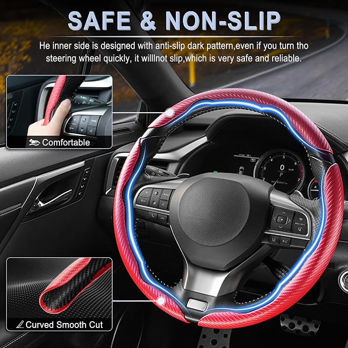 Amiss 3pcs Carbon Fiber Anti-Skid Steering Wheel Cover, Waterproof & Segmented Butterfly Design, Universal 99% Vehicle Wheel Cover Protector, Car Interior Accessories (Red-3pcs)