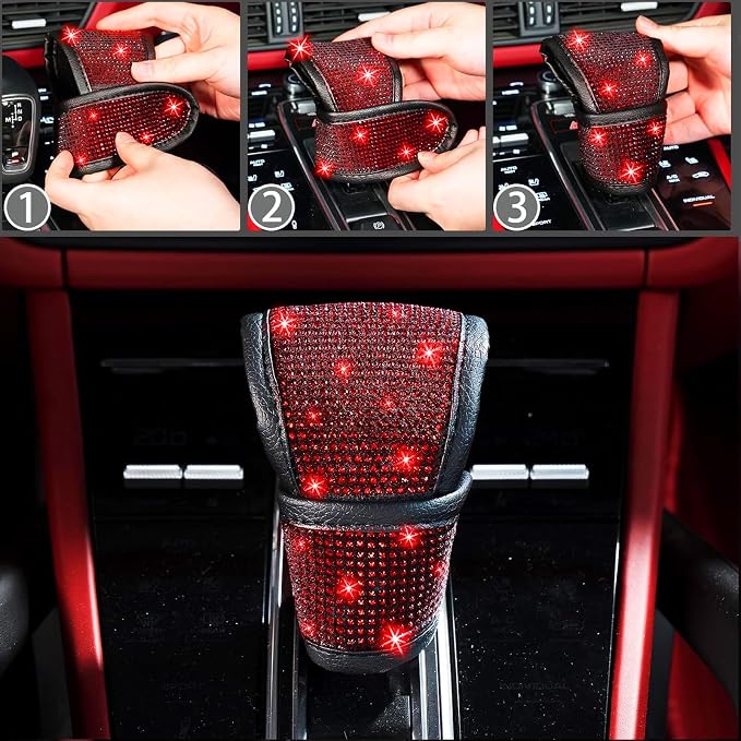NBTEPEM 30 Pcs Red Bling Car Accessories Set for Women, Red Steering Wheel Cover Set, Bling Console Cover, Seat Belt Cushion, Shift Knob Cushion, Cup Holder Coaster, Rhinestone Car Hanging Accessories