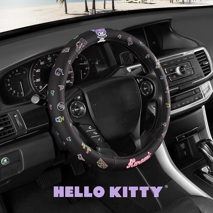 Sanrio Hello Kitty and Friends Kuromi Black Car Steering Wheel Cover, Universal Fit Cute Accessories for Women Stylish Decor Gifts Hello Kitty Accessories - Fits Standard Wheels 14.5"-15"
