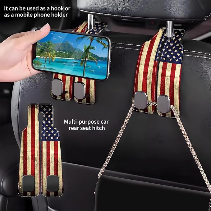 Purse Hook for Car Vintage American Flag 1 Pack Headrest Back Seat Hook Premium Leather Double Metal Hanger Storage Pack Bag Purse Holder Car Interior Accessories
