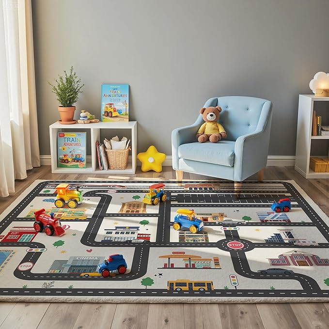 Nayoroom Kids Car Road Playroom Rug, Faux Wool City Map, Non-Slip, 3 x 5 ft | Interactive city road map; Car-friendly routes; Soft faux wool surface; Non-slip backing; Easy-care room accent