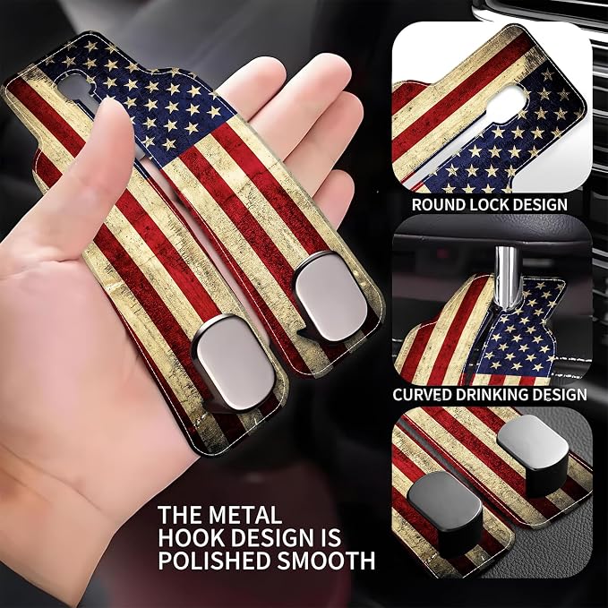 Purse Hook for Car Vintage American Flag 1 Pack Headrest Back Seat Hook Premium Leather Double Metal Hanger Storage Pack Bag Purse Holder Car Interior Accessories