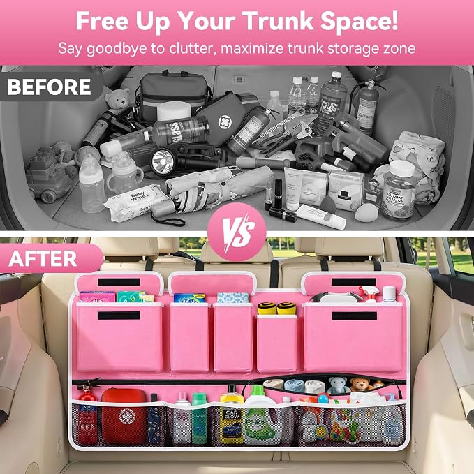 Rhino Valley Trunk Organizer for SUV, 35.5"x18.2" Foldable Hanging Storage & 10 Compartment Pockets, Waterproof and Washable Material Bag & Adjustable Straps, Car Trunk Organizer for SUV, MPV, Truck