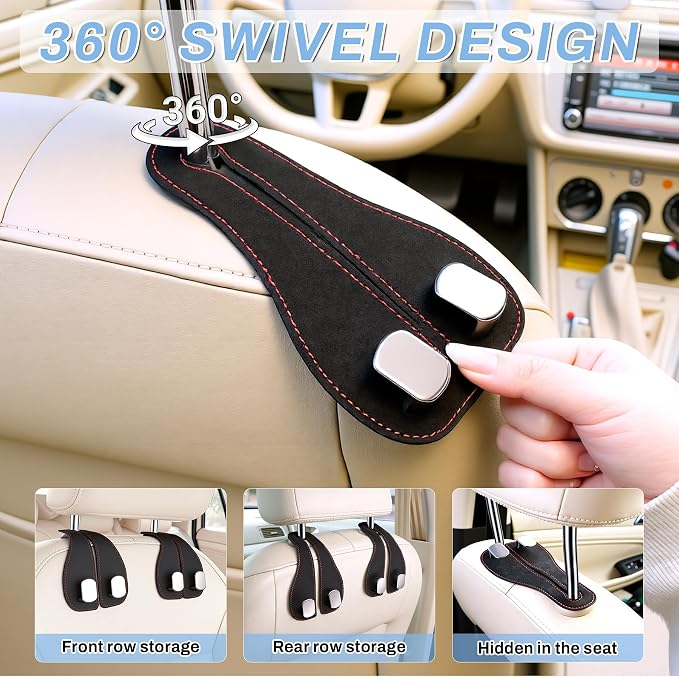 SINGARO 2PCS Car Purse Holder Hook, Seat Back Storage Hook, Leather-Wrapped Alloy Double Headrest Hook for Purses & Bags, Cute Car Interior Accessories for Women and Men, Black