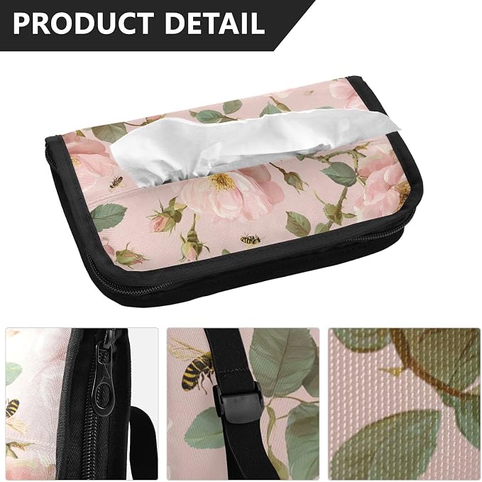Cute Pink Rose and Bees Car Tissue Holder Durable Napkin Holder Hanging Tissue Holders Case Car Tissues Bag for Sun Visor Seat Back Universal Auto