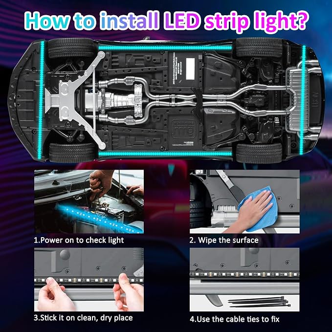 YUGUANG 4Pcs Underglow Kit for Car, APP Control Multicolor Car Underglow Light Kit Music Sync RGB Underbody Strips Light Waterproof for Cars Trucks SUVs
